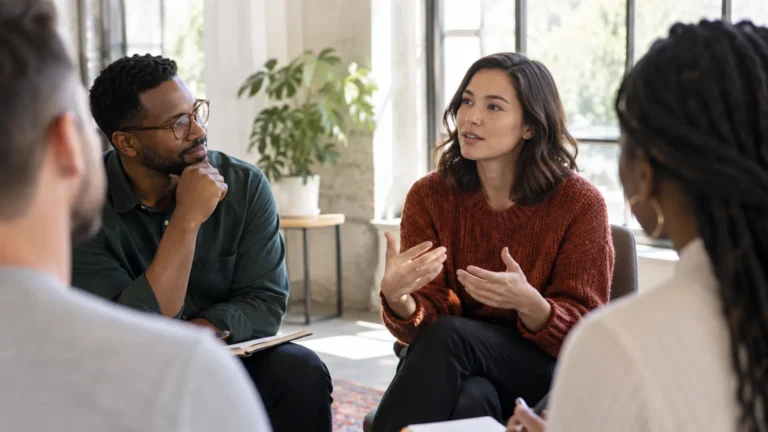 Adults practicing listening and social observation in a small-group conversation.