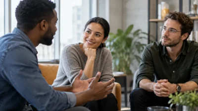 Three adults demonstrating attentive listening and conversational turn-taking.