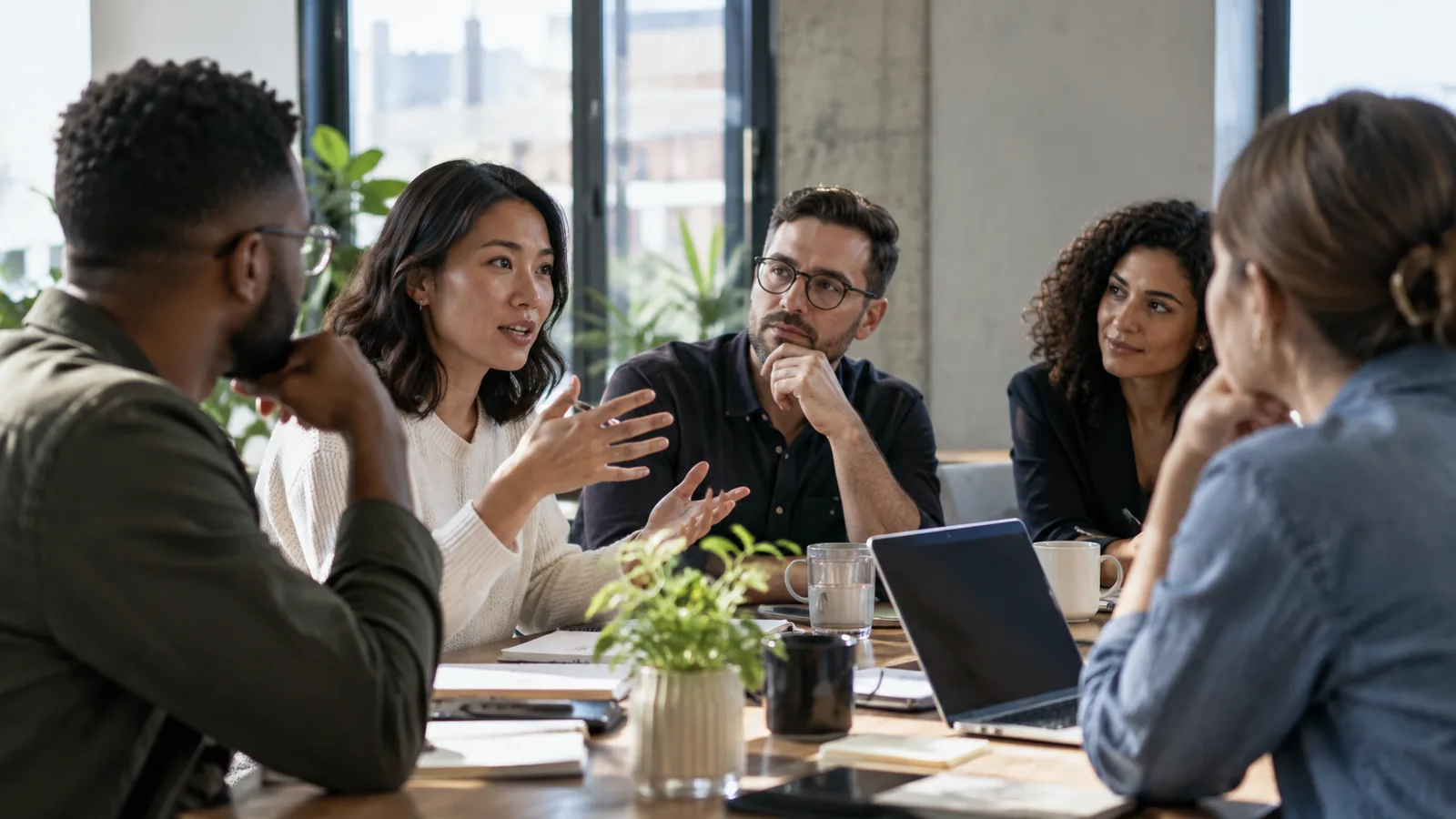 A workplace team using attentive listening and inclusive communication in a meeting.