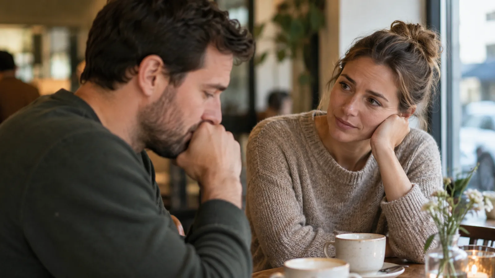Two adults in a thoughtful conversation, illustrating attentive social awareness.