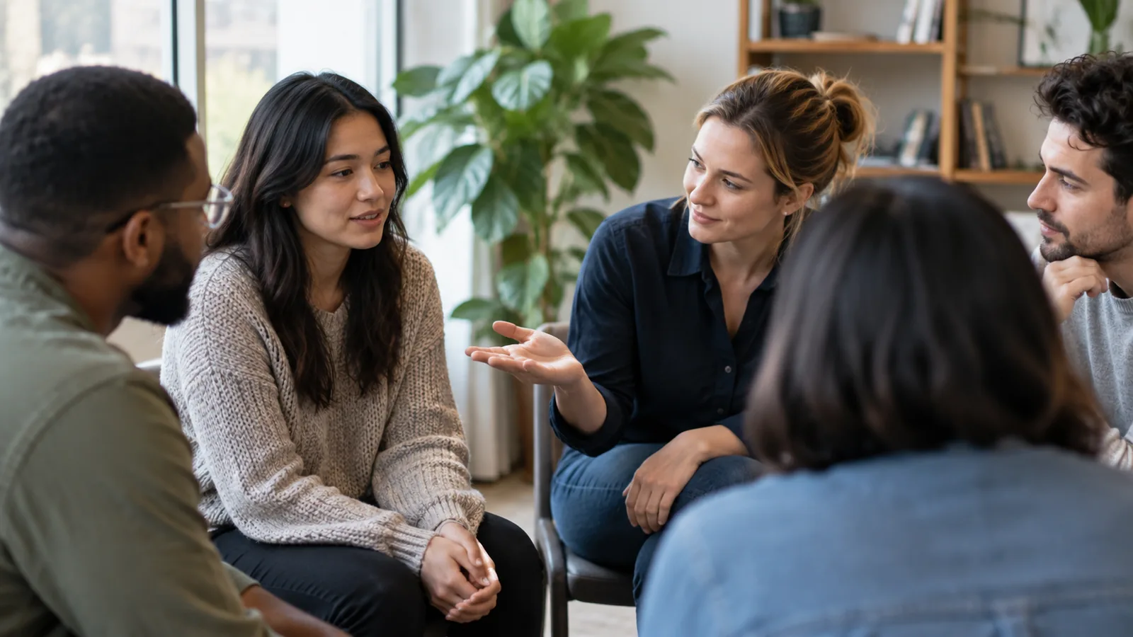 A group conversation where one participant makes space for a quieter person to speak.
