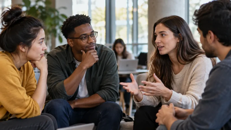 A group interaction illustrating social awareness, interpretation and communication.