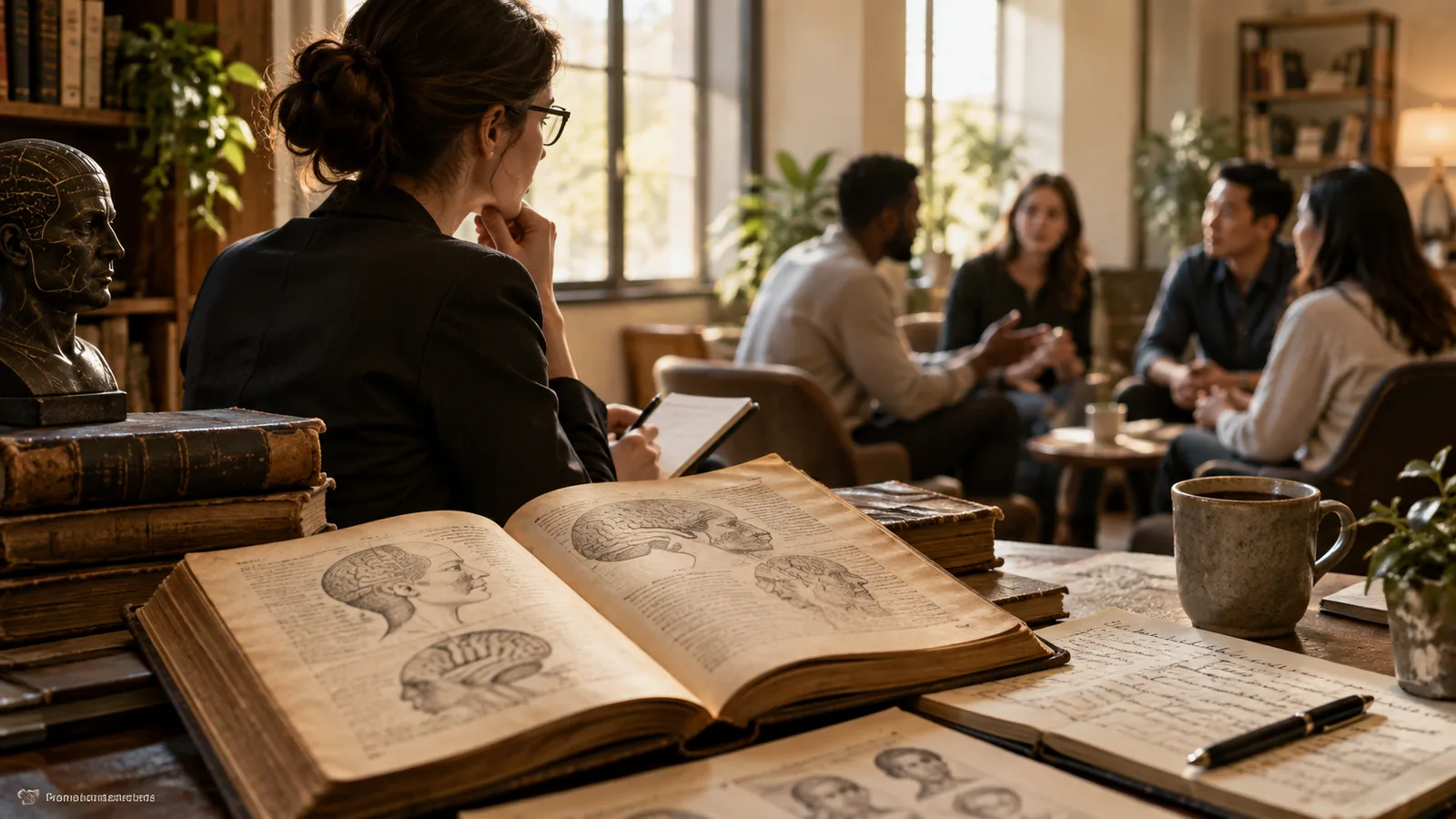 A modern social psychology research scene beside archival-style notes, representing the history of social intelligence theory.