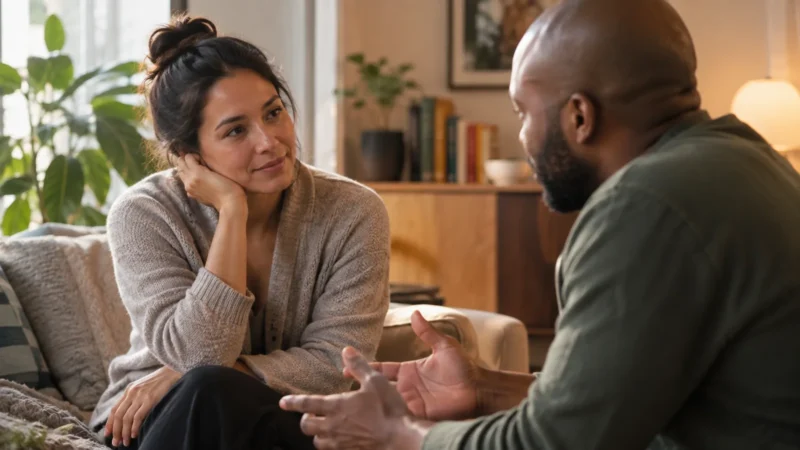 Two adults in a thoughtful conversation illustrating empathy and social intelligence.