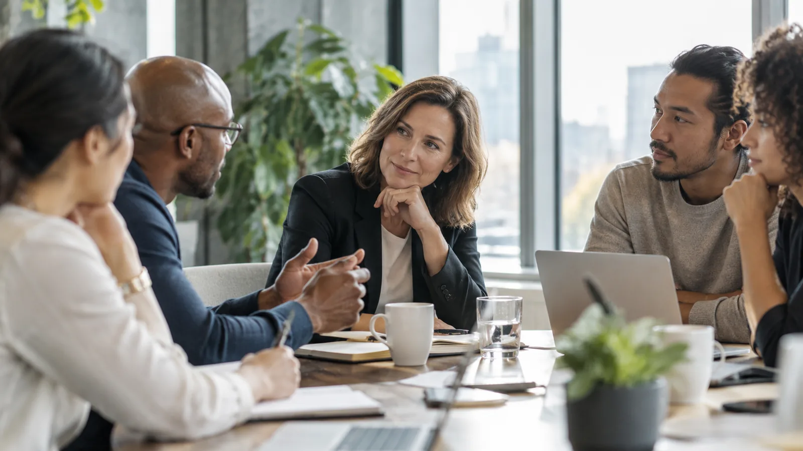A leader listening to team members in a collaborative meeting.