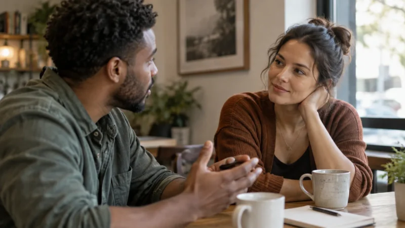 Two adults having a thoughtful, respectful conversation in a close relationship.