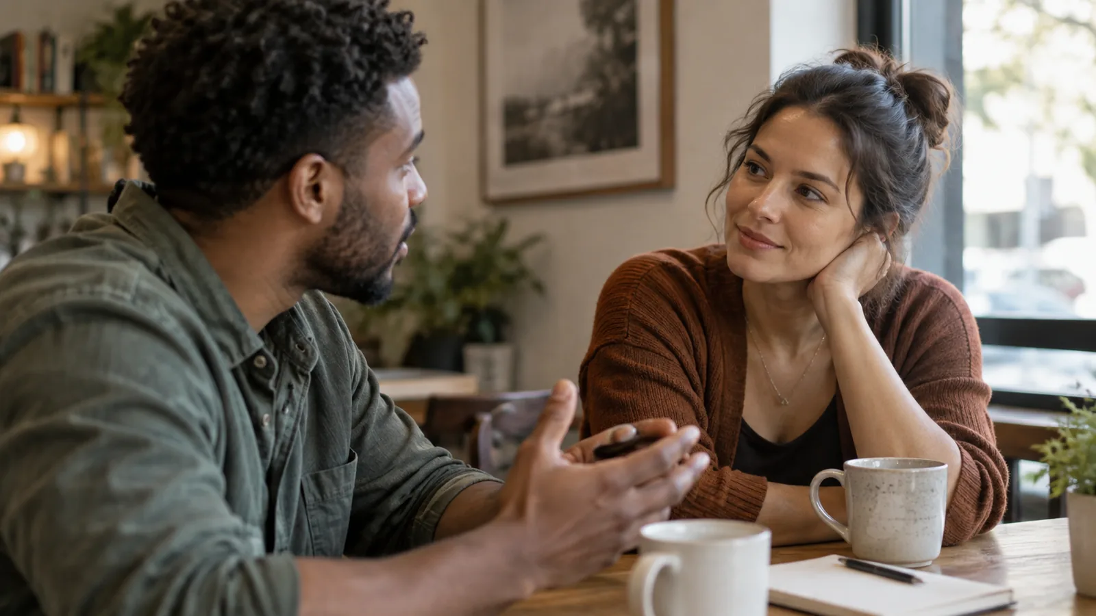Two adults having a thoughtful, respectful conversation in a close relationship.