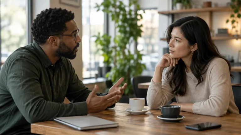 Two adults having a calm, structured conversation during a disagreement.