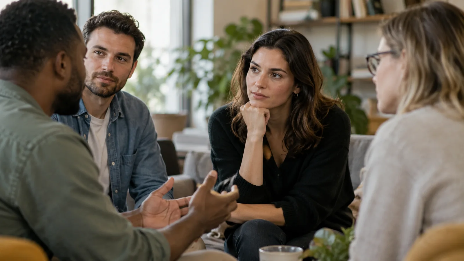 Adults in a thoughtful group conversation illustrating social intelligence.