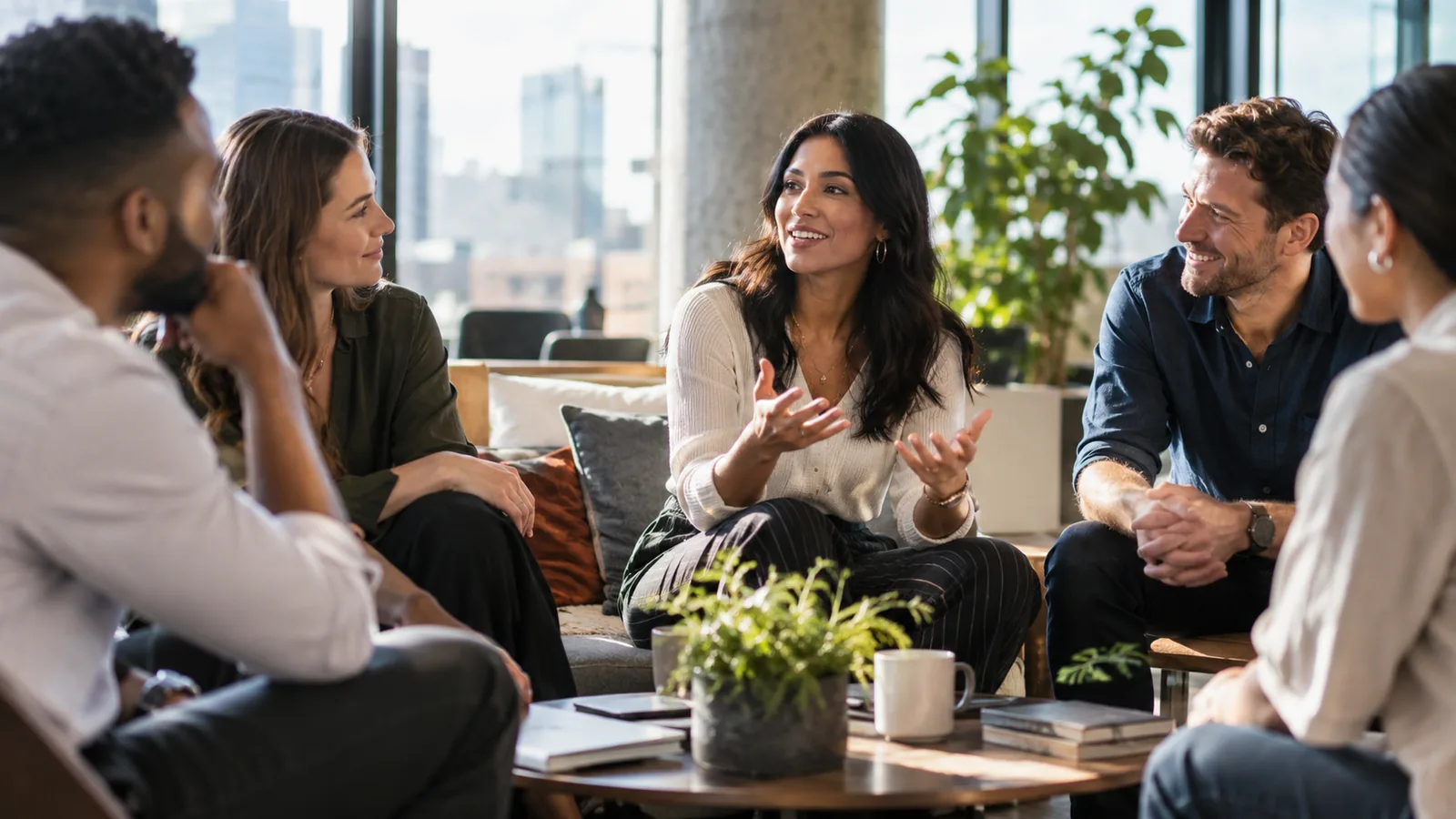 An adult observing a group conversation and then participating effectively, illustrating social intelligence and social skills.