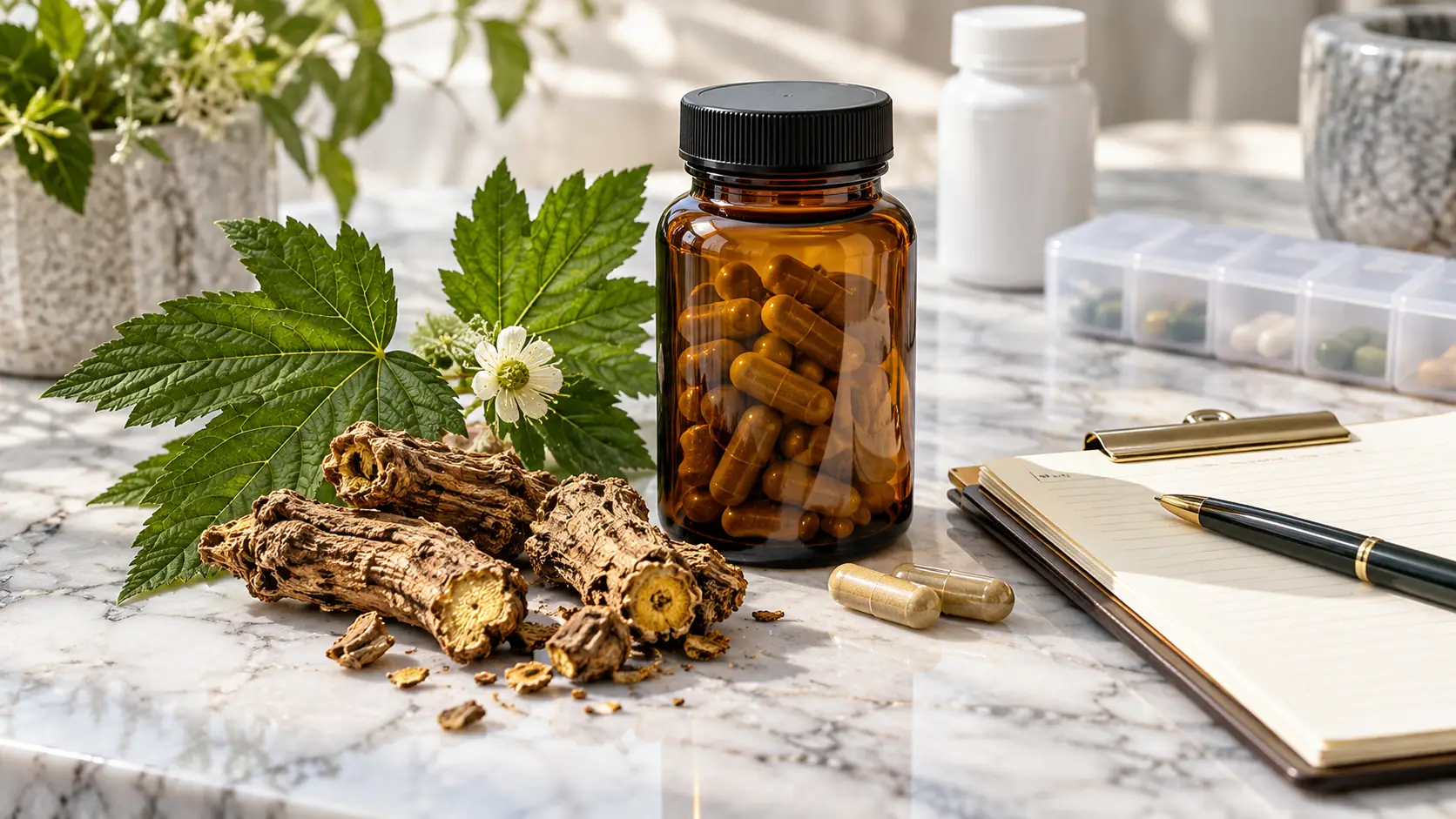 Fresh andrographis leaves and flowers beside a plain herbal extract bottle and warm drink, representing respiratory symptom research and safe use.