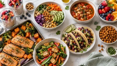 A bright overhead spread of anti-inflammatory recipes including berry oats, chickpea quinoa bowl, bean soup, salmon with vegetables, tofu stir-fry, black bean tacos and roasted chickpeas.