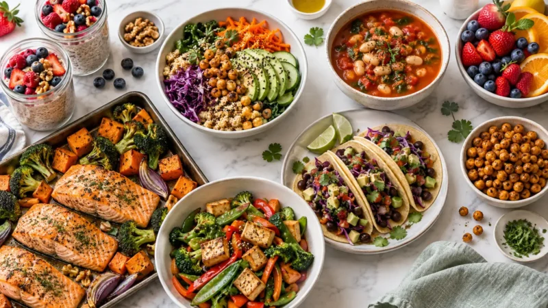 Anti Inflammatory Diet Recipes 2 A bright overhead spread of anti-inflammatory recipes including berry oats, chickpea quinoa bowl, bean soup, salmon with vegetables, tofu stir-fry, black bean tacos and roasted chickpeas.