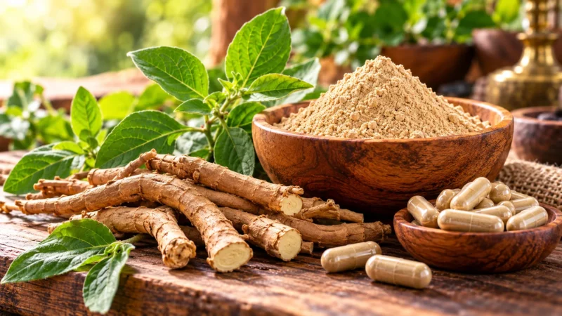 Ashwagandha plant and roots on a natural apothecary surface