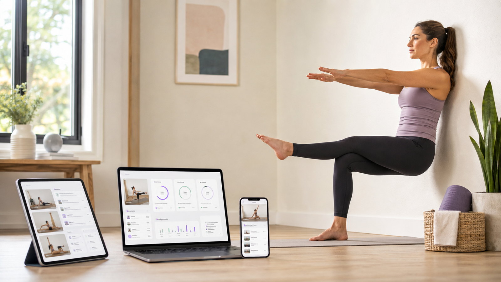 Woman doing Wall Pilates beside several generic workout app screens in a bright home studio.