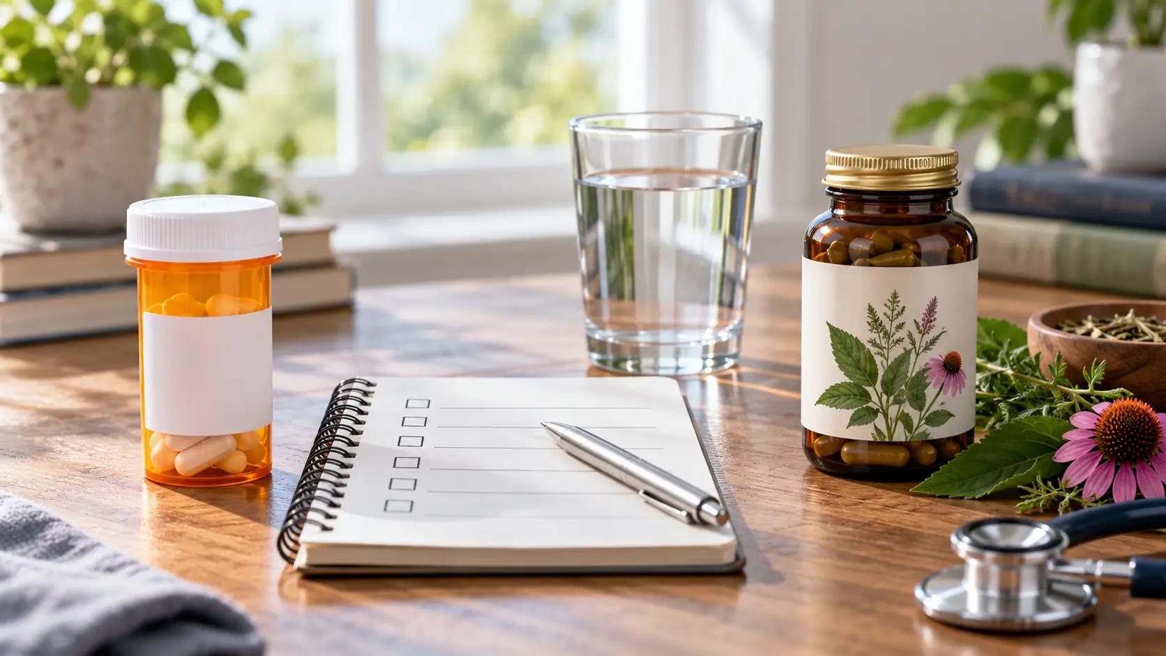 Prescription medicine and botanical preparations arranged separately with an evidence notebook between them, representing why the two are not interchangeable.