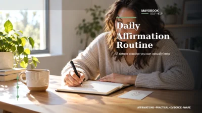 Person using a short daily affirmation routine with handwritten cards and a planner