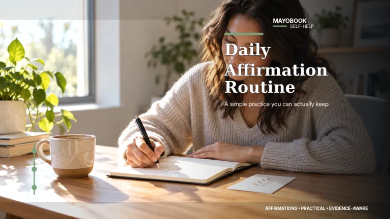 Person using a short daily affirmation routine with handwritten cards and a planner