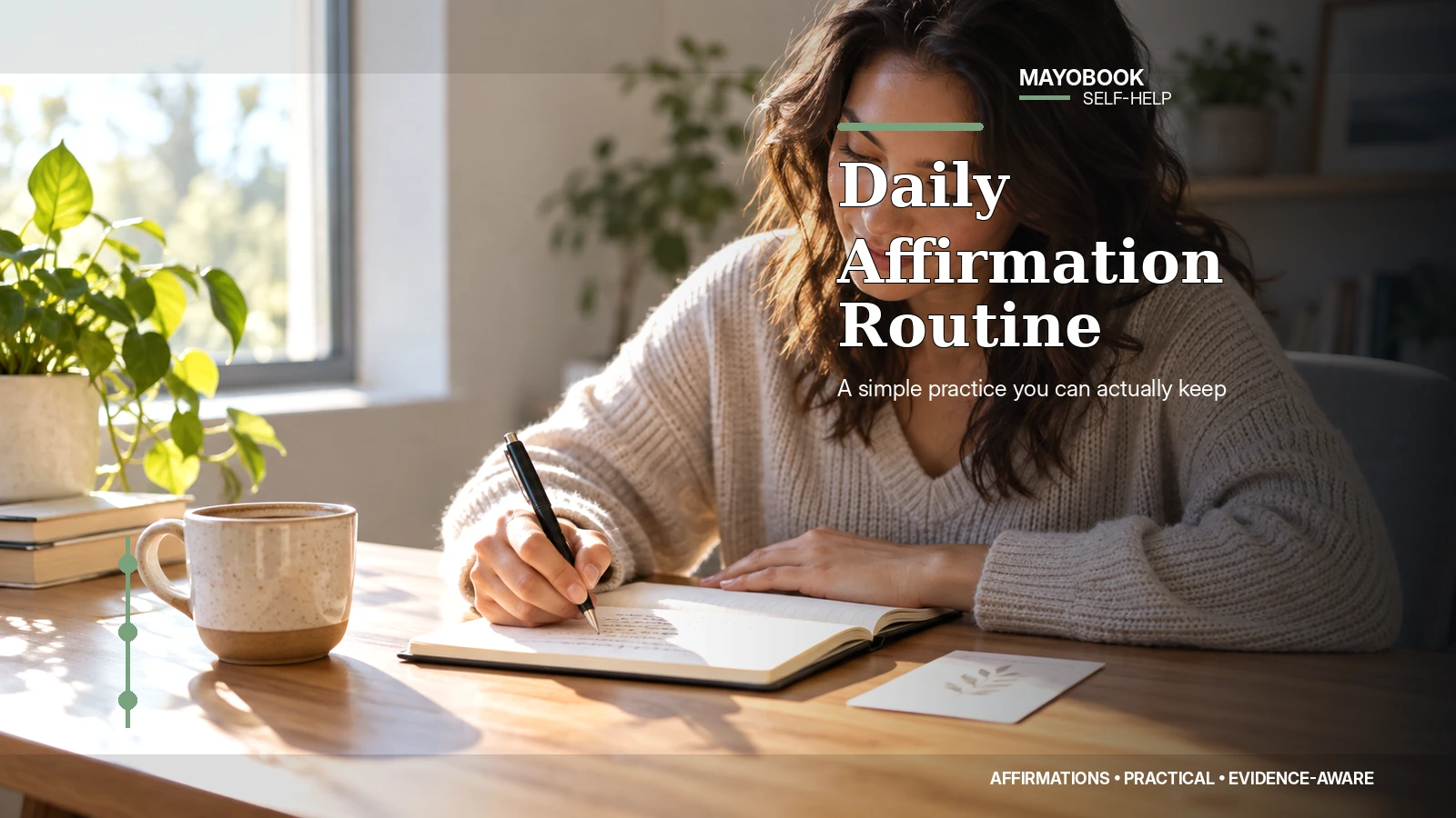 Person using a short daily affirmation routine with handwritten cards and a planner
