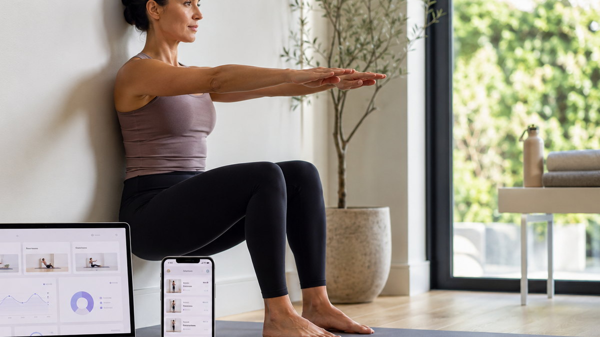 Woman performing a controlled Wall Pilates exercise with stable alignment in a bright studio.