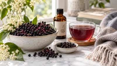 Ripe elderberries and elderflowers beside a plain syrup bottle and warm drink, representing respiratory symptom support and preparation differences.