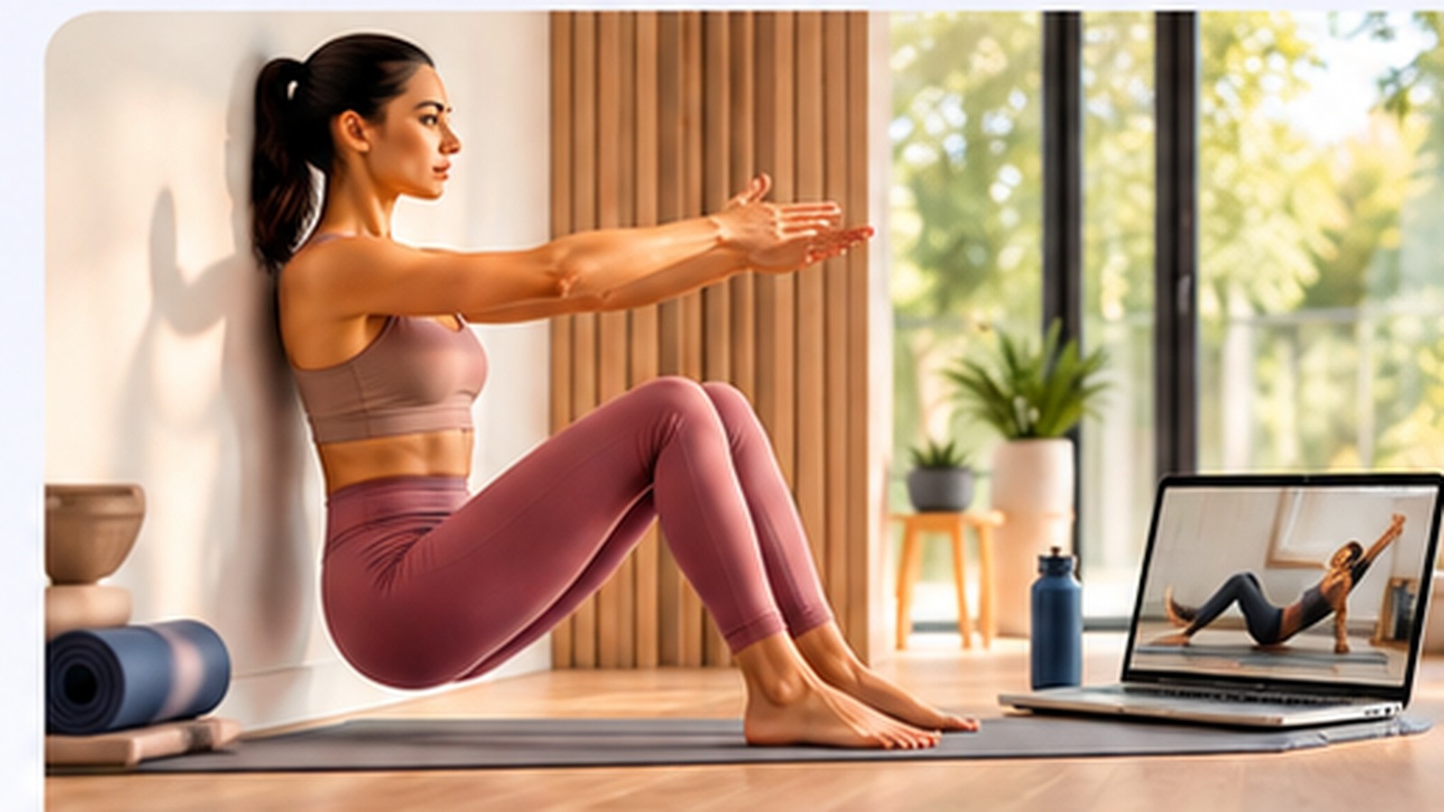 Woman performing a Wall Pilates wall sit in a bright home studio with a laptop nearby showing a guided workout.