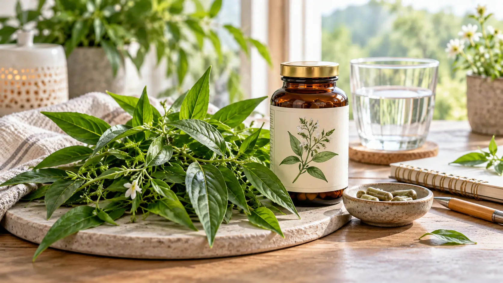 Goldenseal root and leaves beside a plain supplement bottle with a medication review sheet softly in the background, representing evidence and interaction safety.