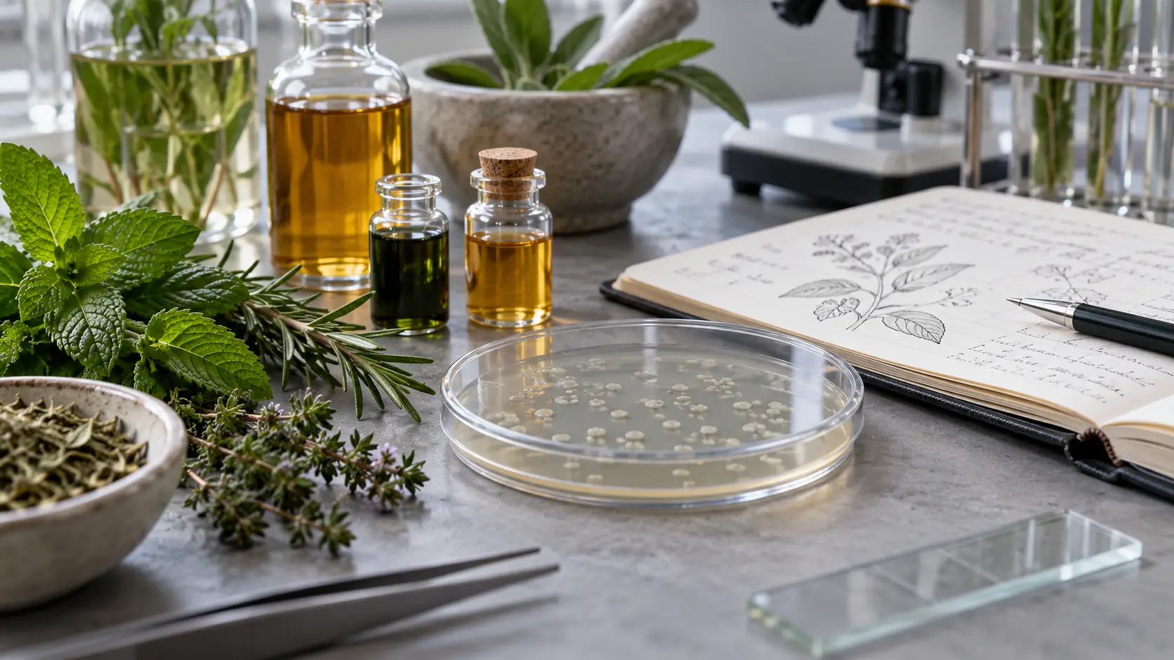 Botanical extracts beside a covered microbiology culture plate and evidence notebook, representing research into antimicrobial adaptation and resistance.