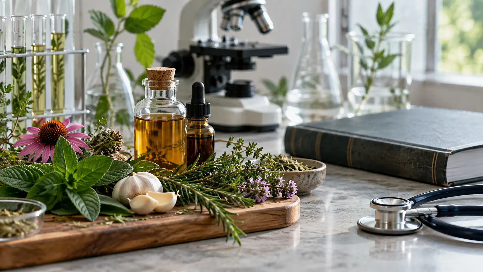 Botanical extracts and fresh herbs beside subtle laboratory glassware and a clinical reference notebook, representing the difference between antibacterial research and human treatment evidence.