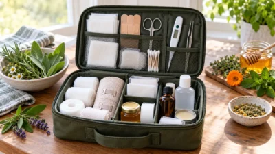 An organized first-aid kit with bandages, gauze, a thermometer and a few clearly identified botanical items, representing supportive herbal preparedness.