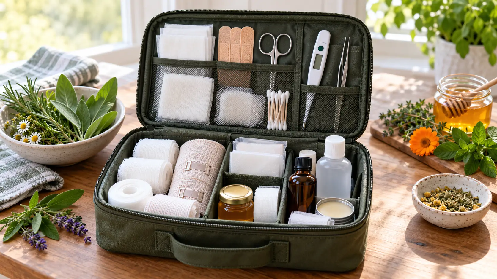 An organized first-aid kit with bandages, gauze, a thermometer and a few clearly identified botanical items, representing supportive herbal preparedness.