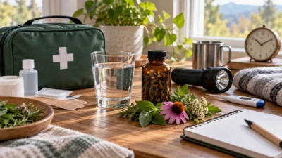 An organized bridge-to-care kit with a thermometer, bandages, water, phone and clearly labeled botanical products, representing safe temporary support when medical help is delayed.