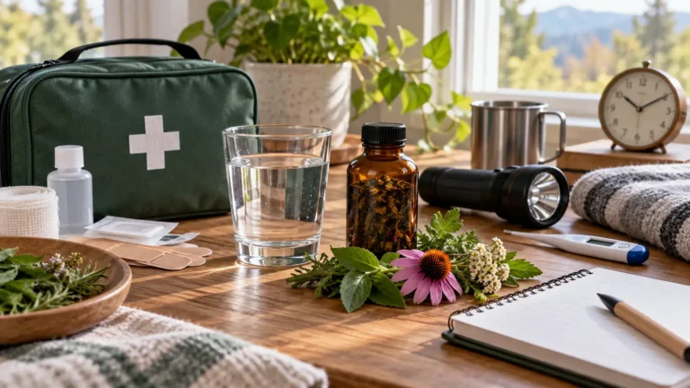 An organized bridge-to-care kit with a thermometer, bandages, water, phone and clearly labeled botanical products, representing safe temporary support when medical help is delayed.