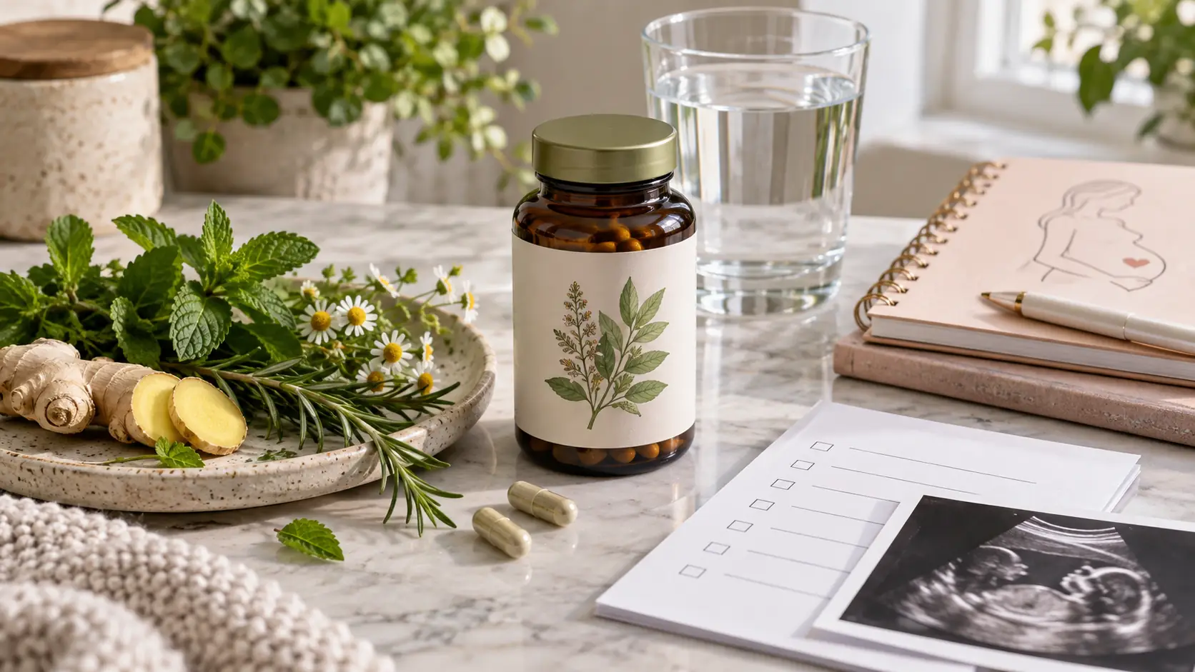 A botanical supplement bottle beside a prenatal-care notebook, medication list and glass of water, representing pregnancy safety review for herbal products.
