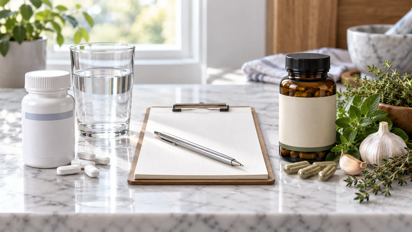 A balanced side-by-side arrangement of standardized prescription medicine and varied botanical preparations, representing differences in evidence and formulation.