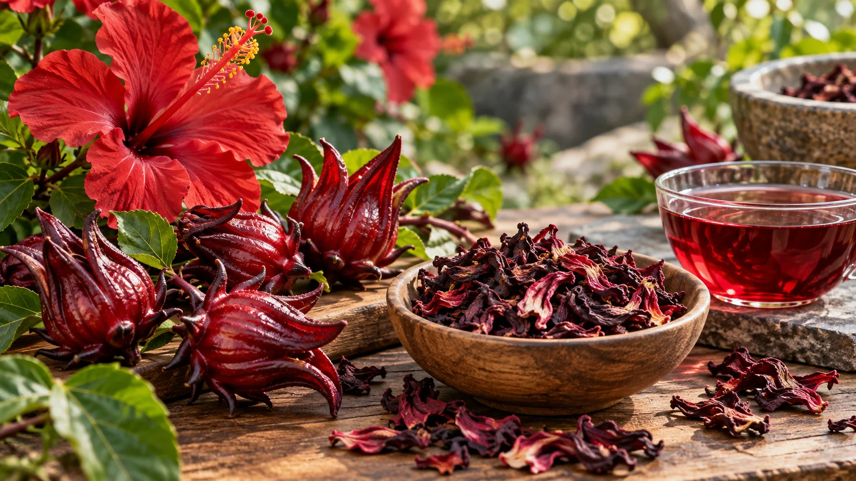 Hibiscus botanical material arranged in a natural apothecary setting