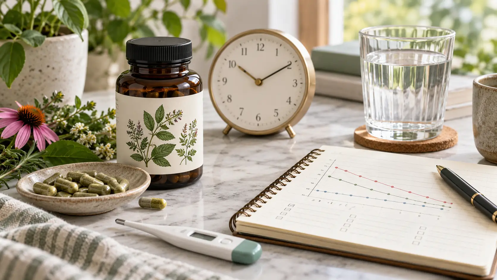 A botanical product beside a clock, thermometer, glass of water and symptom-monitoring notebook, representing why response time depends on the product and illness trajectory.