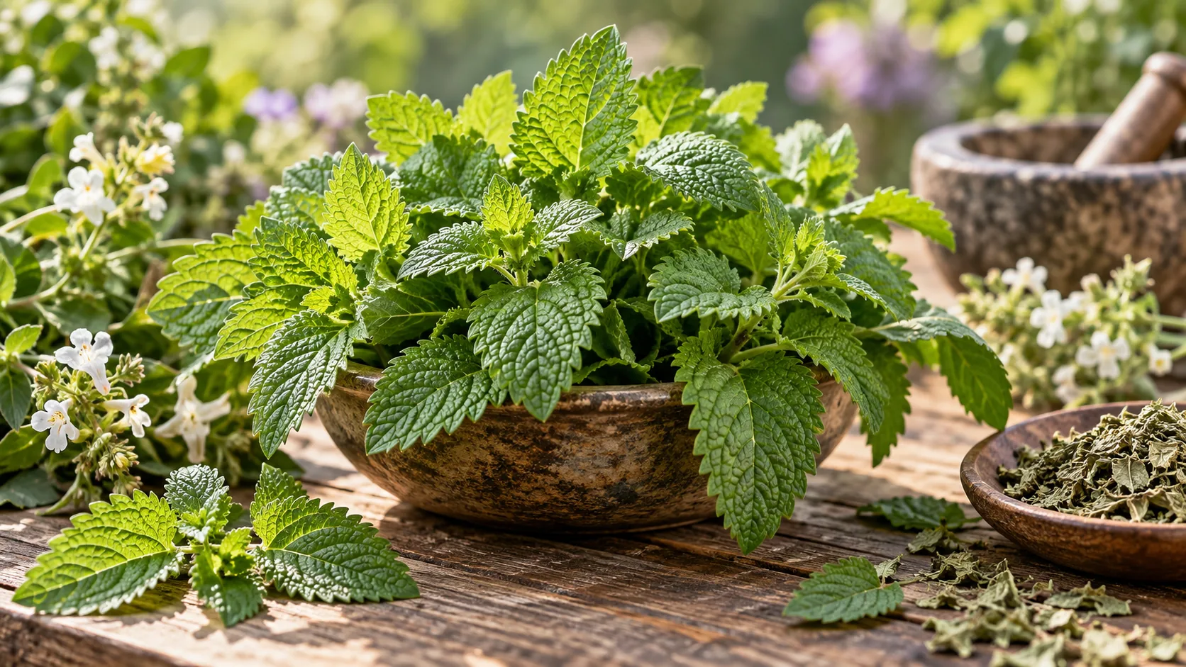 Lemon Balm botanical material arranged in a natural apothecary setting