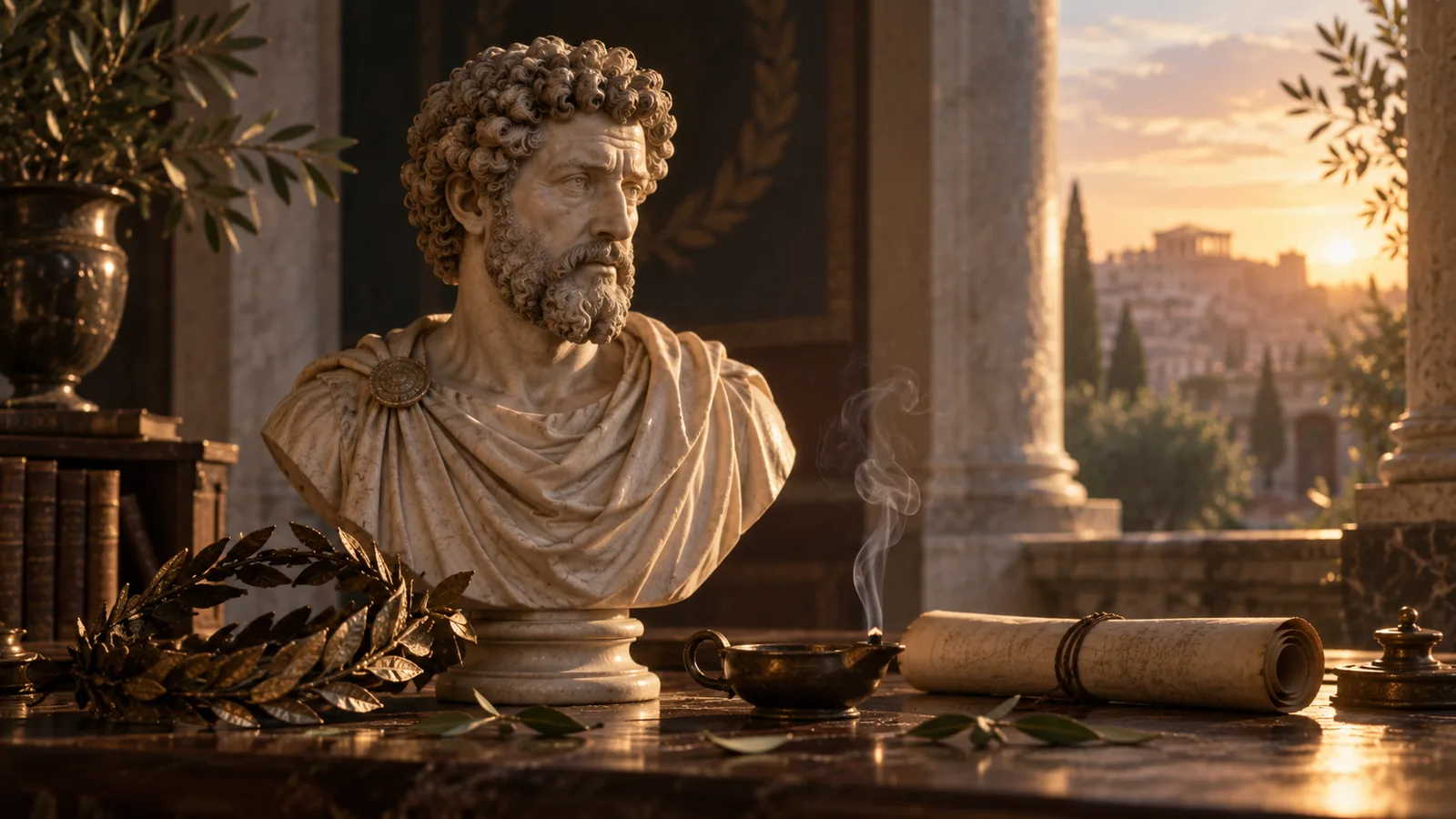 Photorealistic Roman still life with Marcus Aurelius imagery and writing materials illustrating preferred indifferents and character