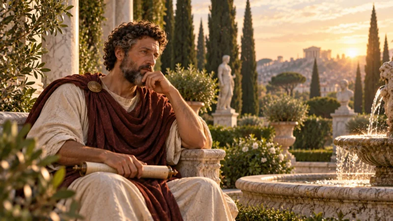 Thoughtful Marcus Aurelius seated in a quiet Roman garden, illustrating Stoic emotion and composure