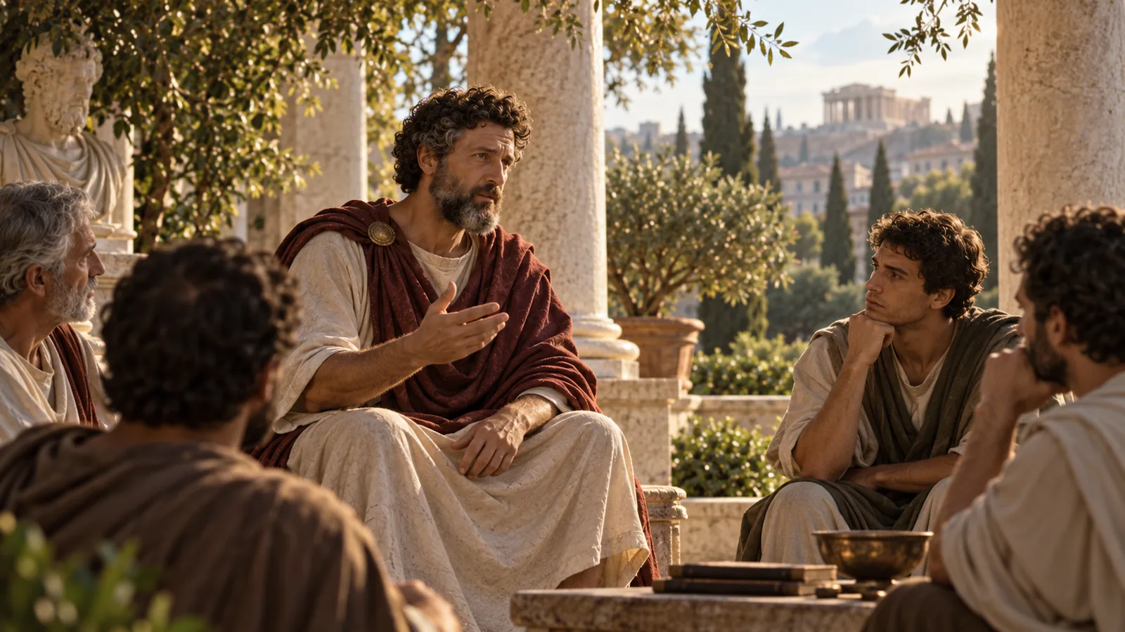 Marcus Aurelius teaching a small group in a Roman setting, illustrating wisdom, courage, justice, and temperance