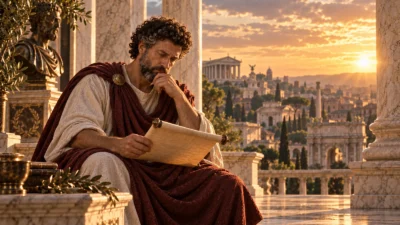 Marcus Aurelius seated with a scroll overlooking Rome, illustrating focus on what can and cannot be controlled