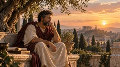 Marcus Aurelius seated beneath a tree at sunset, reflecting on mortality and the finite nature of life
