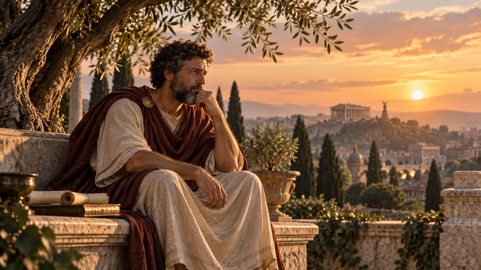 Marcus Aurelius seated beneath a tree at sunset, reflecting on mortality and the finite nature of life