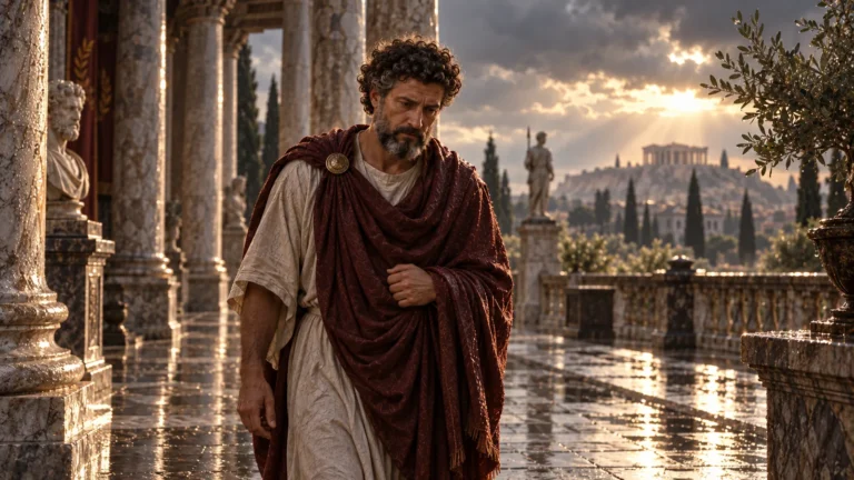 Marcus aurelius walking along a rain-wet roman path toward warm light, illustrating amor fati and continued action