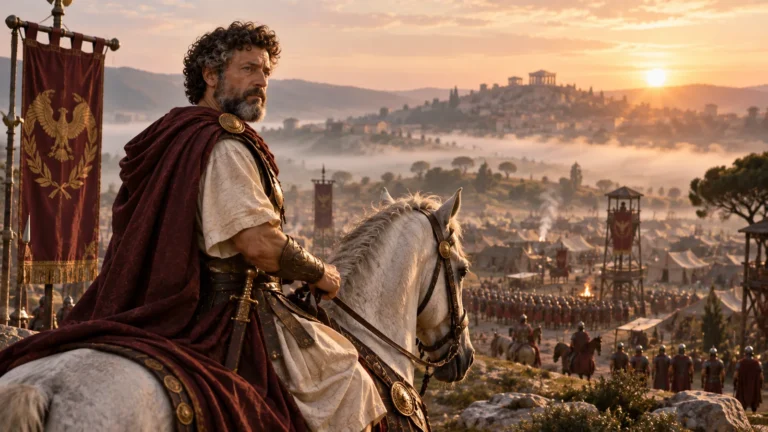 Marcus aurelius on horseback at a high vantage over a broad roman landscape, illustrating the stoic view from above