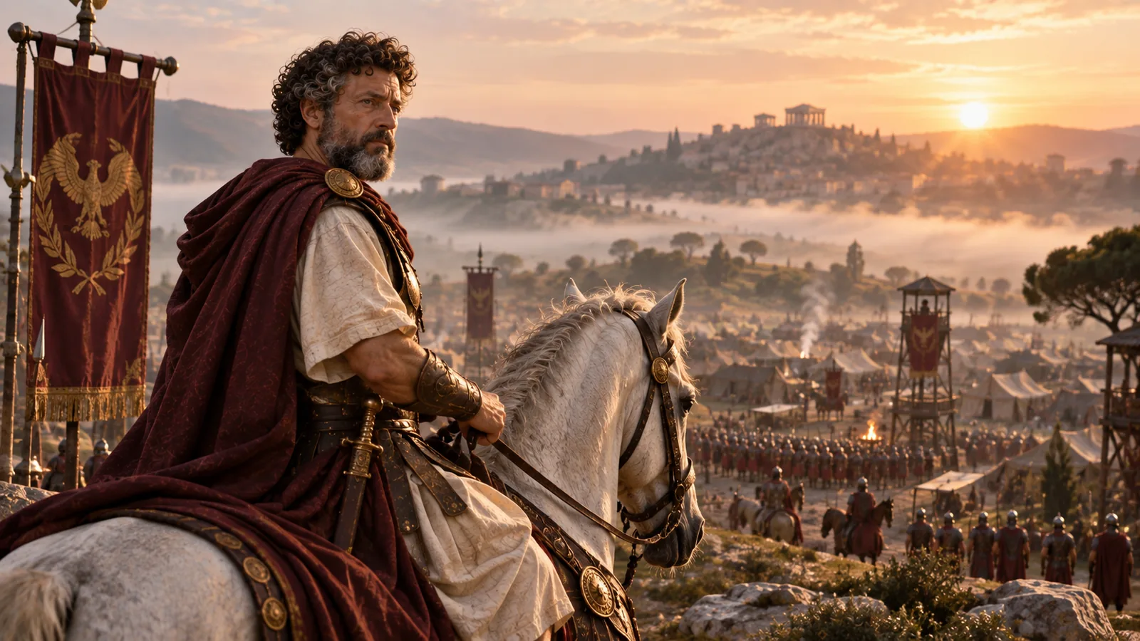 Marcus Aurelius on horseback at a high vantage over a broad Roman landscape, illustrating the Stoic View From Above