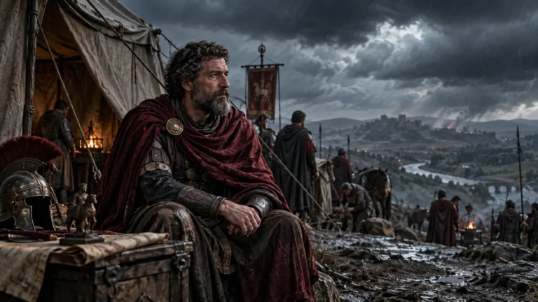 Marcus aurelius in a storm-darkened roman camp, illustrating stoic negative visualization and preparation for difficulty