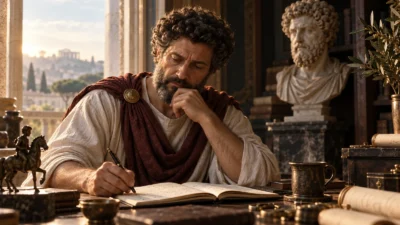 Marcus Aurelius writing at a plain Roman desk, illustrating Stoic journaling and daily reflection