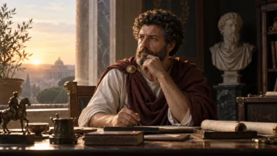 Marcus Aurelius reflecting at a Roman writing desk, illustrating core Stoic principles of judgment, duty, justice, and perspective